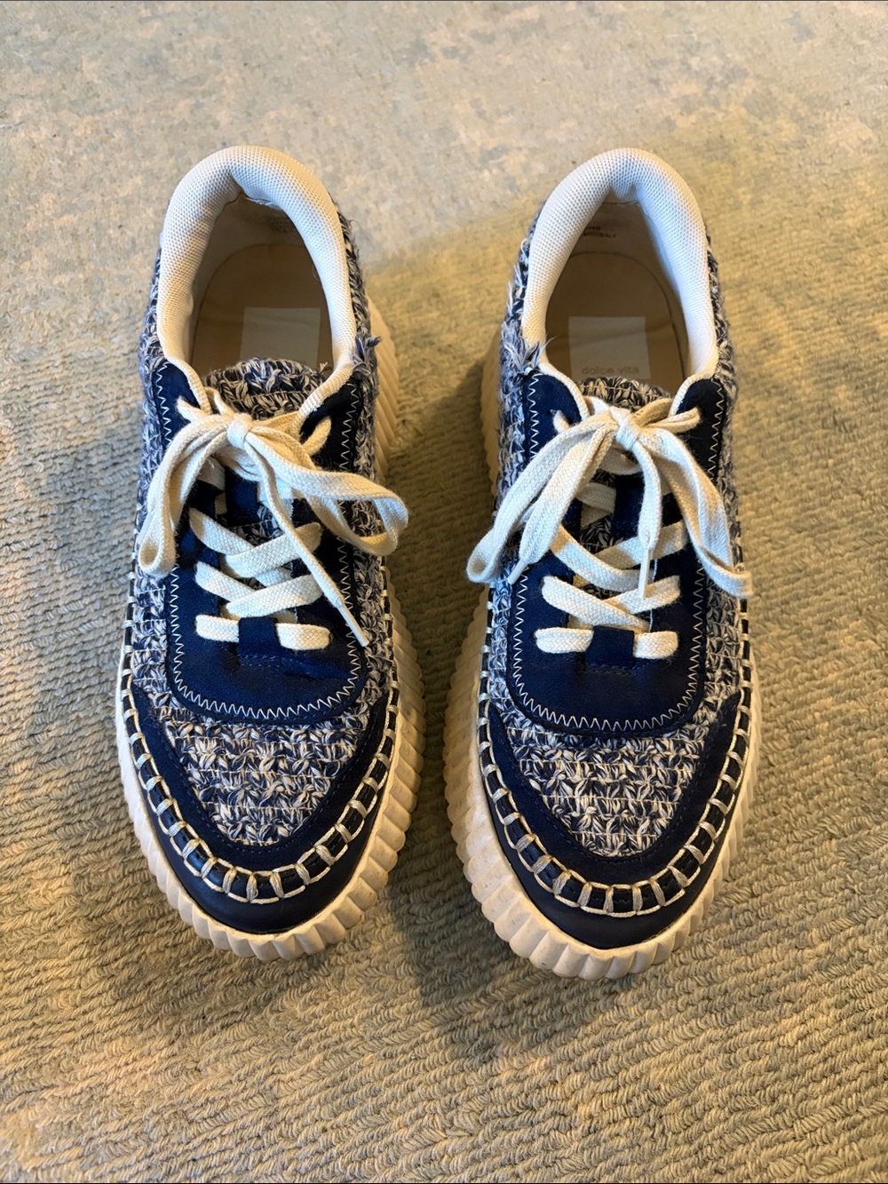 Dolce Vita Denae Blue and Cream Woven Padded Platform Sneakers Size 8